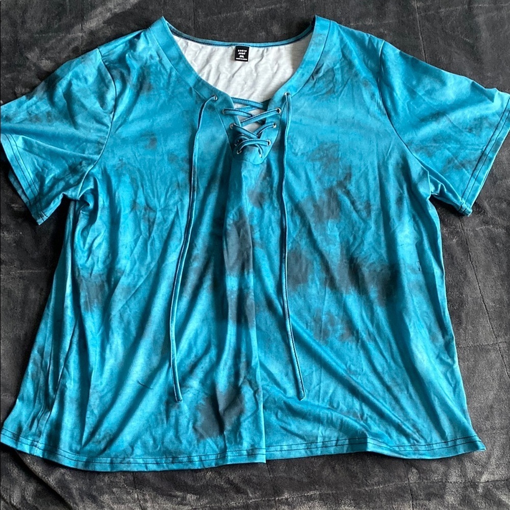 Blue Tie Dyed V-Neck Lace Up Short Sleeve Top Plus Size 2X